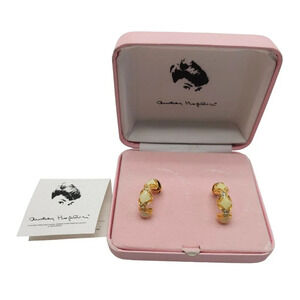 Audrey Hepburn Earrings Camrose Kross Enamel Gold Tone Rhinestones Half Hoop